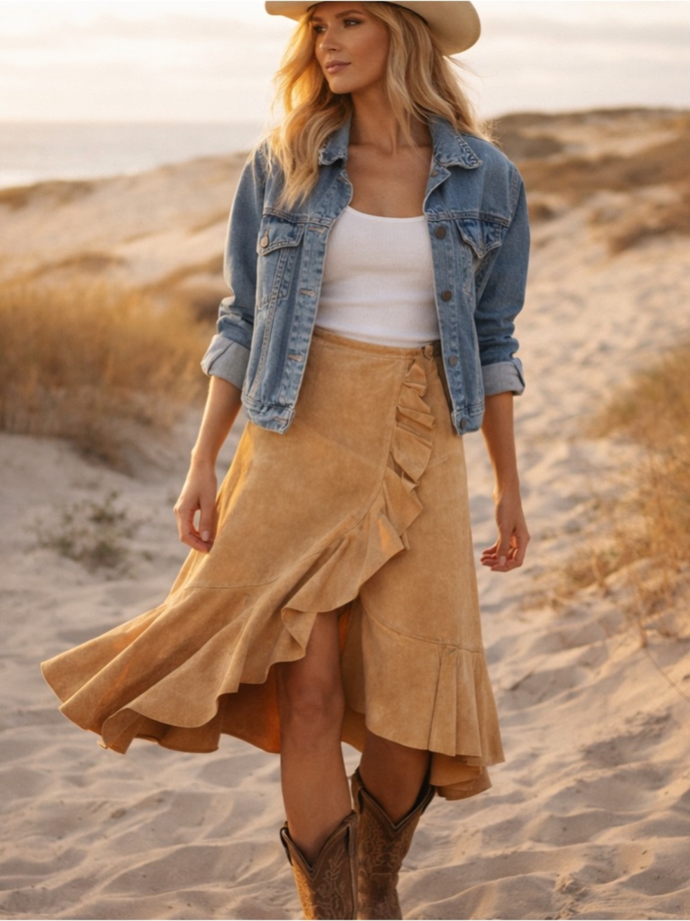 Vintage Tan Leather Ruffle Wrap Skirt Coastal Cowgirl Western Rodeo Boho Sz 12